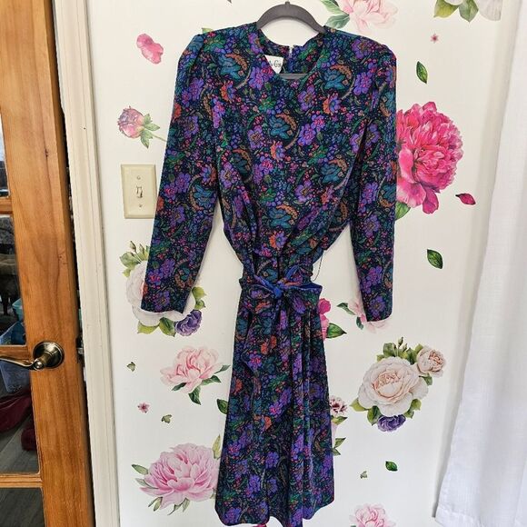 Vintage Retro Floral Purple Long Sleeve Midi Dress Shoulder Pads Sash Belt Sz 12 - Picture 3 of 8